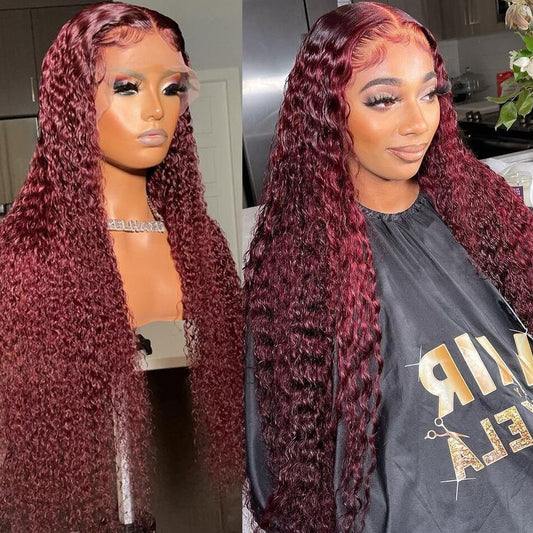 30 Inch 99j Burgundy Deep Wave Lace Front Human Hair Wigs Red Color Loose Water Curly Highlight Lace Frontal Wig For Black Women - Lace Wigs