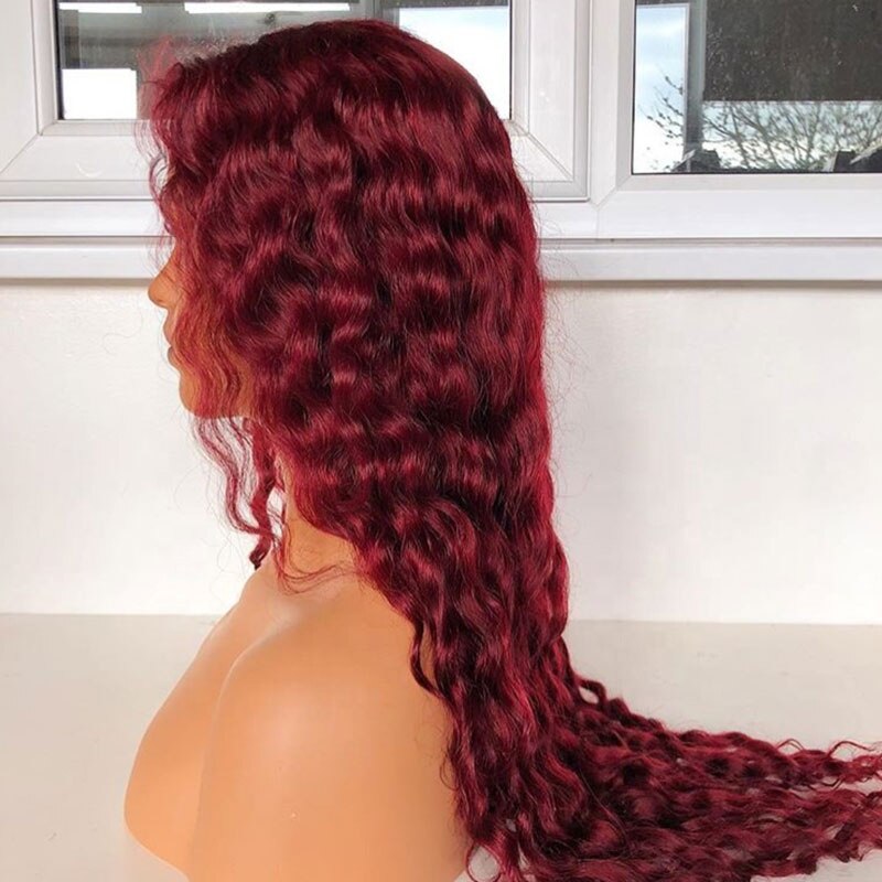 30 Inch 99j Burgundy Deep Wave Lace Front Human Hair Wigs Red Color Loose Water Curly Highlight Lace Frontal Wig For Black Women - Lace Wigs