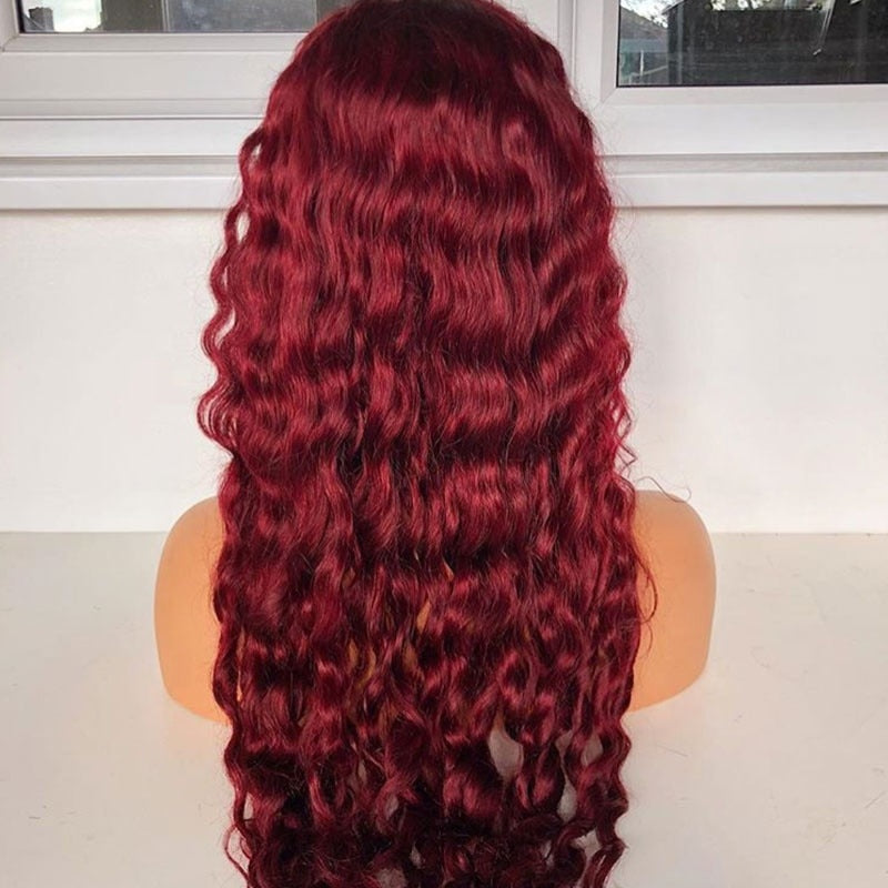 30 Inch 99j Burgundy Deep Wave Lace Front Human Hair Wigs Red Color Loose Water Curly Highlight Lace Frontal Wig For Black Women - Lace Wigs