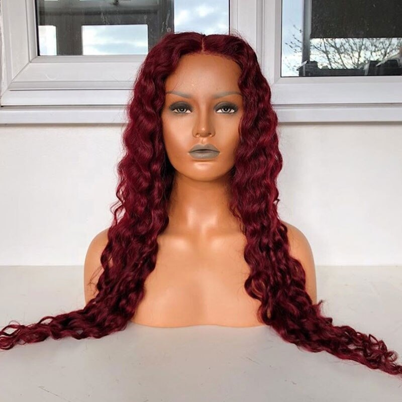 30 Inch 99j Burgundy Deep Wave Lace Front Human Hair Wigs Red Color Loose Water Curly Highlight Lace Frontal Wig For Black Women - Lace Wigs