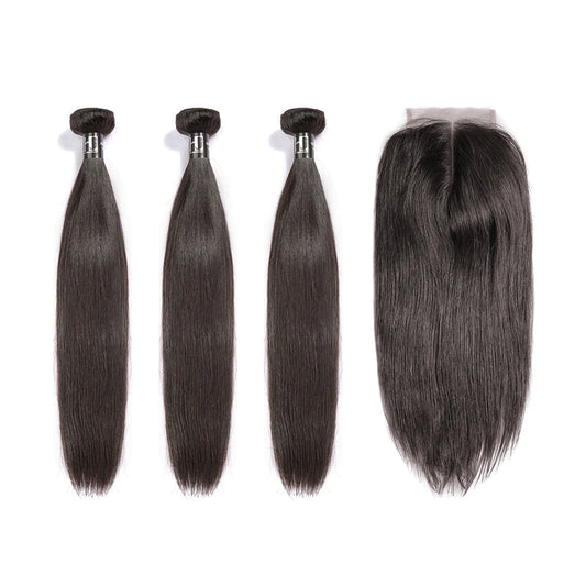 7A Virgin Brazilian Straight Bundles Human Hair Weave Bundles with 4X4 Lace Closure Frontal Unprocessed Virgin Hair Extension